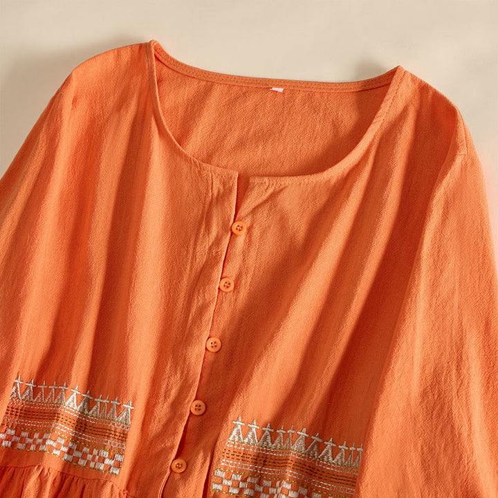 Buddha Stones Embroidery Geometry Half Sleeve Women's Midi Dress With Pockets - image 10