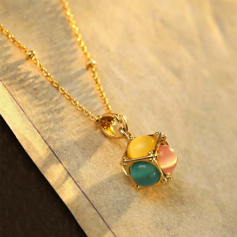 Buddha Stones Multicolored Cat's Eye Inlaid Design Cube Protection Necklace Pendant - image 1