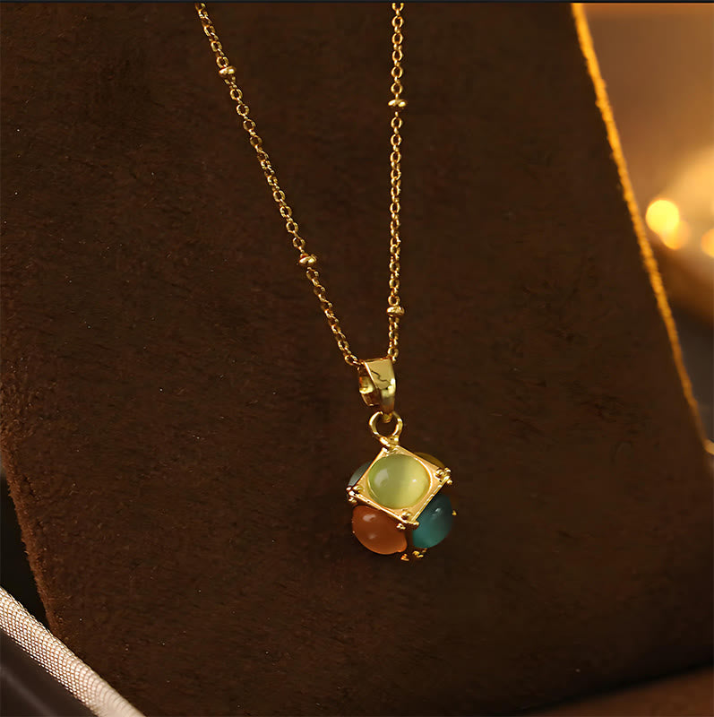 Buddha Stones Multicolored Cat's Eye Inlaid Design Cube Protection Necklace Pendant - image 2
