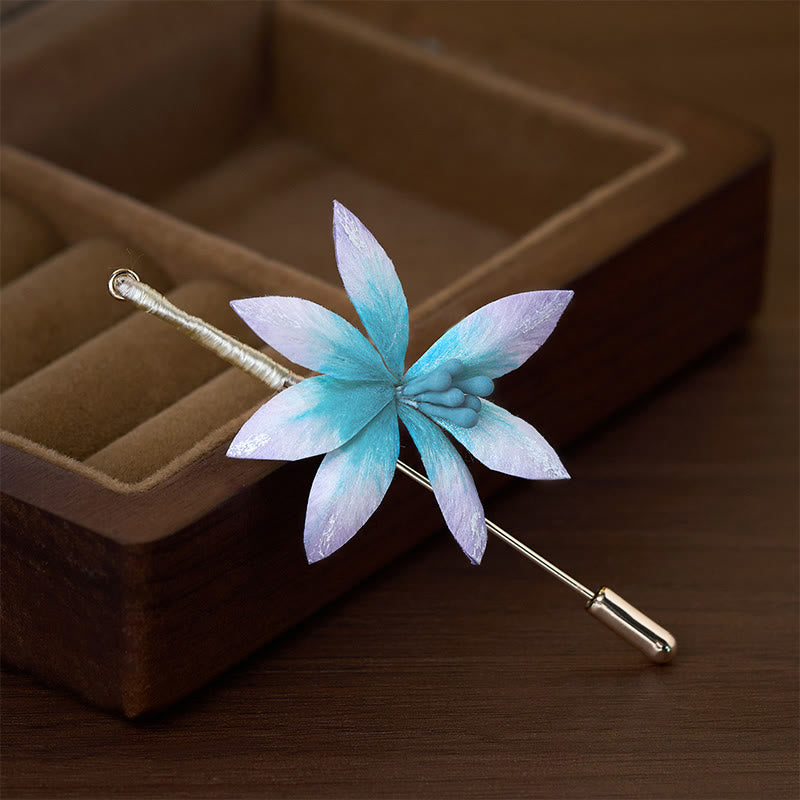 Buddha Stones Handcrafted Silk Art Velvet Flower Blessing Blue Flower Brooch - image 1