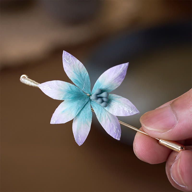 Buddha Stones Handcrafted Silk Art Velvet Flower Blessing Blue Flower Brooch - image 2