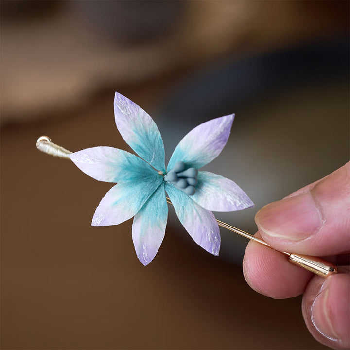 Buddha Stones Handcrafted Silk Art Velvet Flower Blessing Blue Flower Brooch - image 2