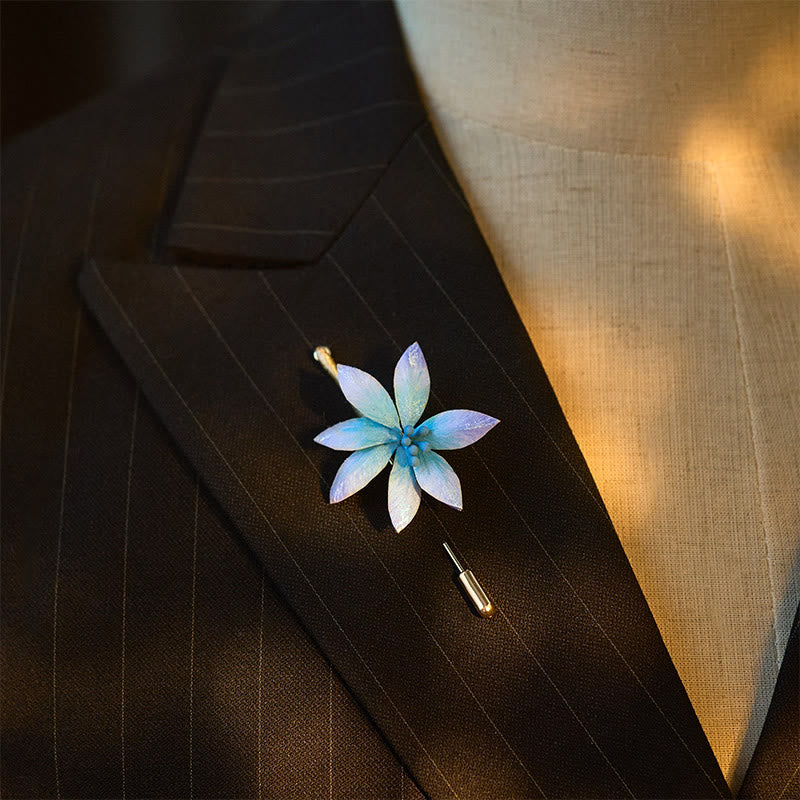 Buddha Stones Handcrafted Silk Art Velvet Flower Blessing Blue Flower Brooch - image 3