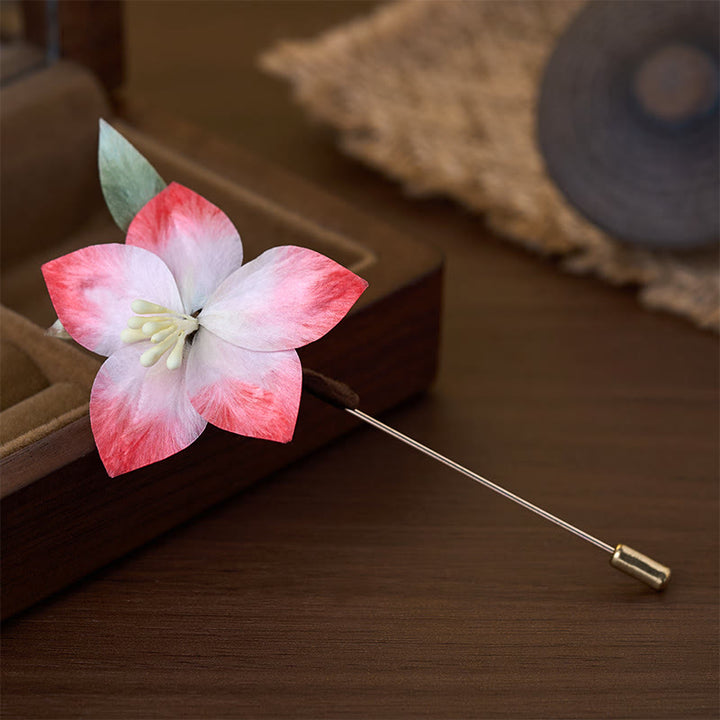 Buddha Stones Handcrafted Silk Art Velvet Flower Red Five-Petal Flower Brooch - image 1