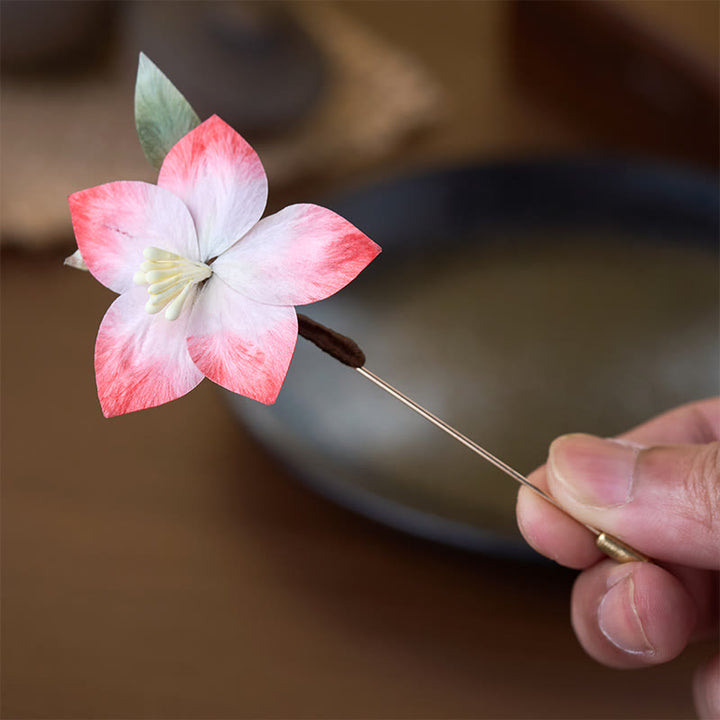 Buddha Stones Handcrafted Silk Art Velvet Flower Red Five-Petal Flower Brooch - image 2