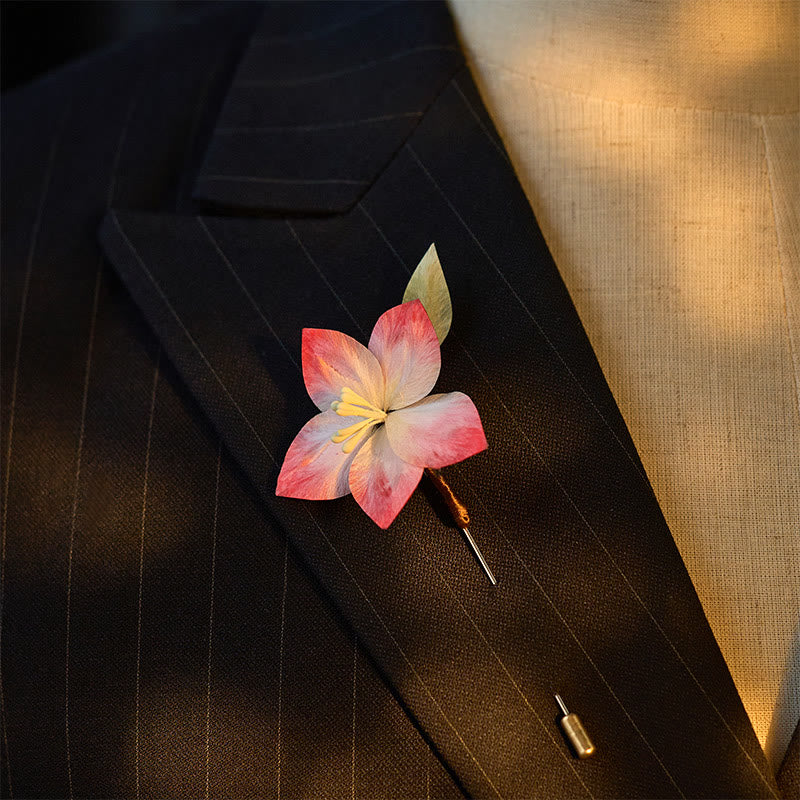 Buddha Stones Handcrafted Silk Art Velvet Flower Red Five-Petal Flower Brooch - image 3