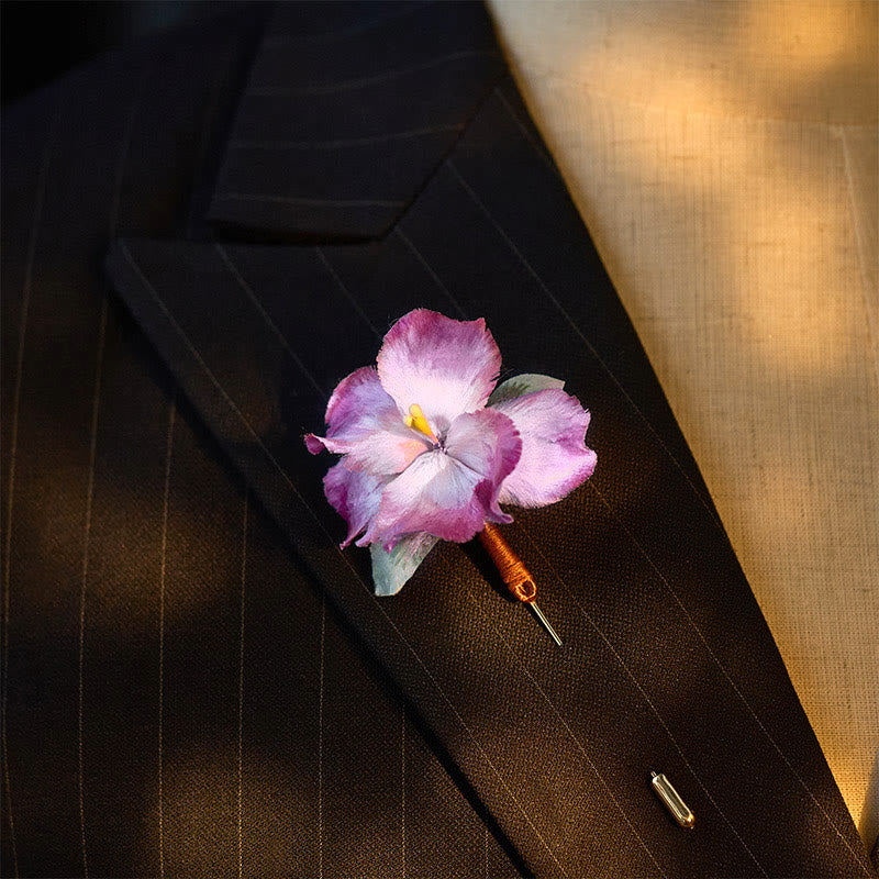 Buddha Stones Handcrafted Silk Art Velvet Flower Iris Flower Brooch - image 3