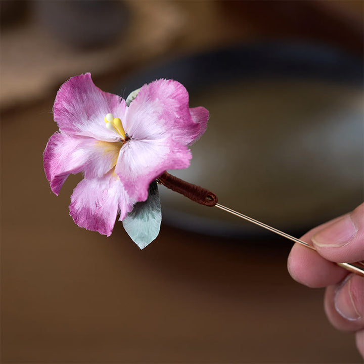 Buddha Stones Handcrafted Silk Art Velvet Flower Iris Flower Brooch - image 2