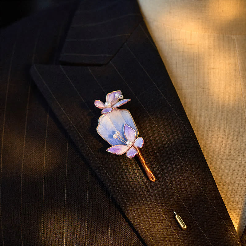 Buddha Stones Handcrafted Silk Art Velvet Flower Purple Butterfly Freedom Brooch - image 3