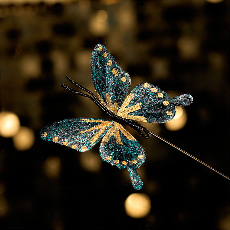 Buddha Stones Handcrafted Silk Art Velvet Flower Golden Blue Butterfly Brooch - Golden Blue Butterfly About 7-8cm - image 0