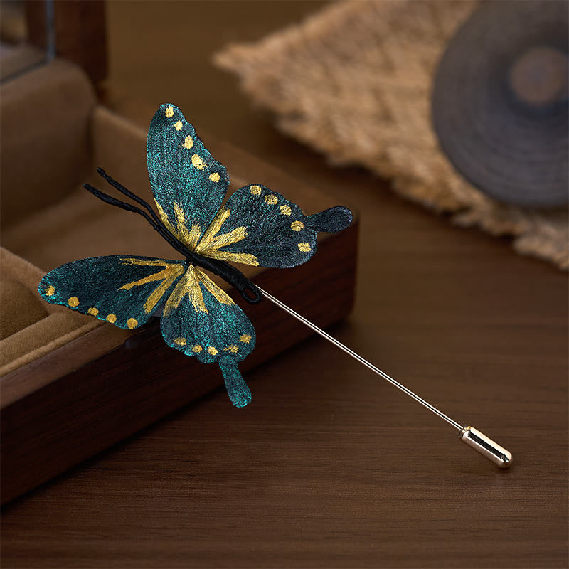 Buddha Stones Handcrafted Silk Art Velvet Flower Golden Blue Butterfly Brooch - image 1
