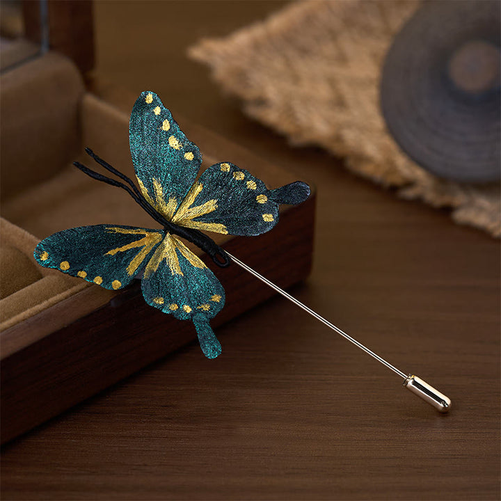 Buddha Stones Handcrafted Silk Art Velvet Flower Golden Blue Butterfly Brooch - image 1