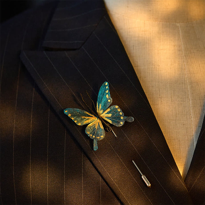 Buddha Stones Handcrafted Silk Art Velvet Flower Golden Blue Butterfly Brooch - image 3