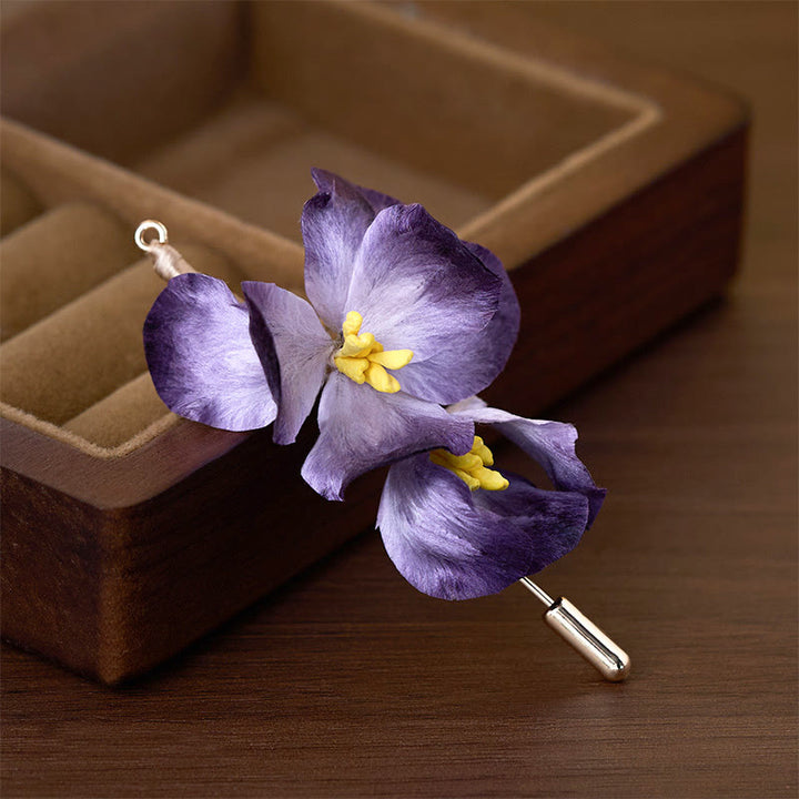 Buddha Stones Handcrafted Silk Art Velvet Flower Light Purple Iris Flower Brooch - image 1