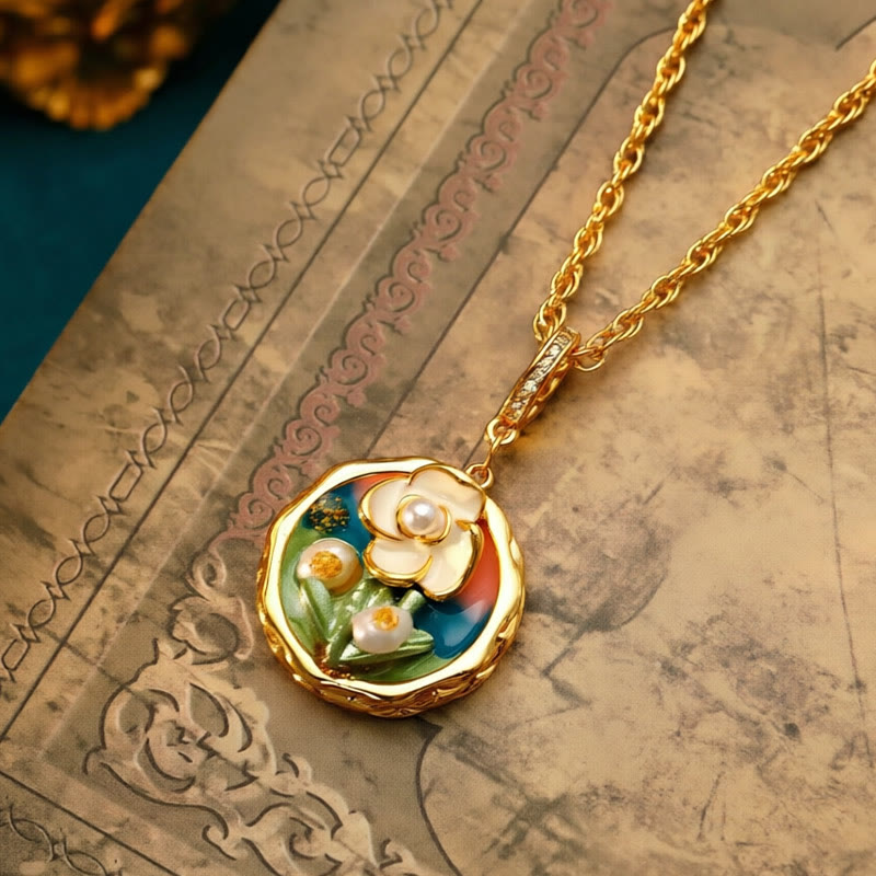 Buddha Stones Retro Round Oil Painting Flower Design Copper Wealth Necklace Pendant - image 2