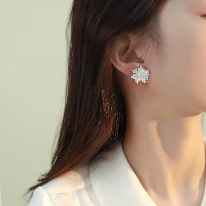 Buddha Stones Natural Pearl Copper Flower Healing Stud Earrings - image 5