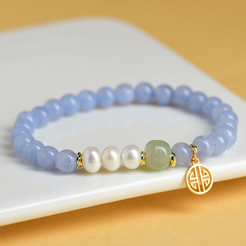 Buddha Stones Blue Chalcedony Pearl Beads Energy Bracelet - Blue Chalcedony(Wrist Circumference: 15-16cm) - image 0