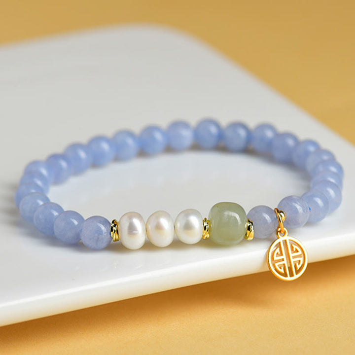 Buddha Stones Blue Chalcedony Pearl Beads Energy Bracelet - Blue Chalcedony(Wrist Circumference: 15-16cm) - image 0