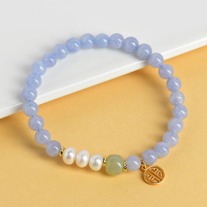 Buddha Stones Blue Chalcedony Pearl Beads Energy Bracelet - image 2
