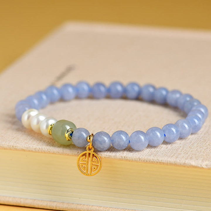 Buddha Stones Blue Chalcedony Pearl Beads Energy Bracelet - image 1