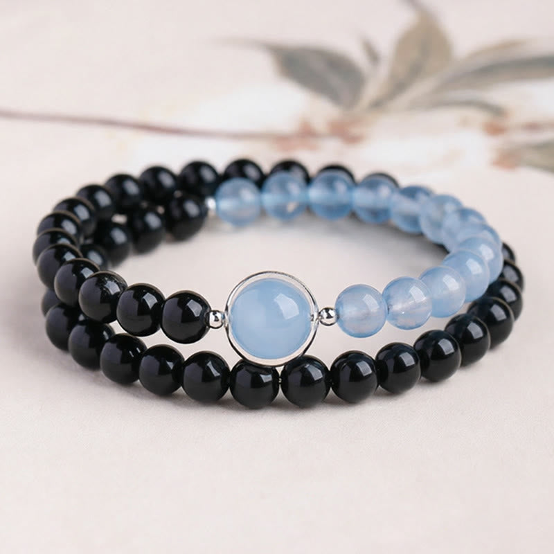 Buddha Stones Aquamarine Black Obsidian Peace Purification Bracelet - Double Wrap Bracelet(Wrist Circumference: 14-15cm) - image 1