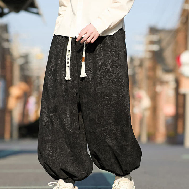 Buddha Stones Black Jacquard Drawstring Elastic Cuff Men's Harem Pants With Pockets  - image 1