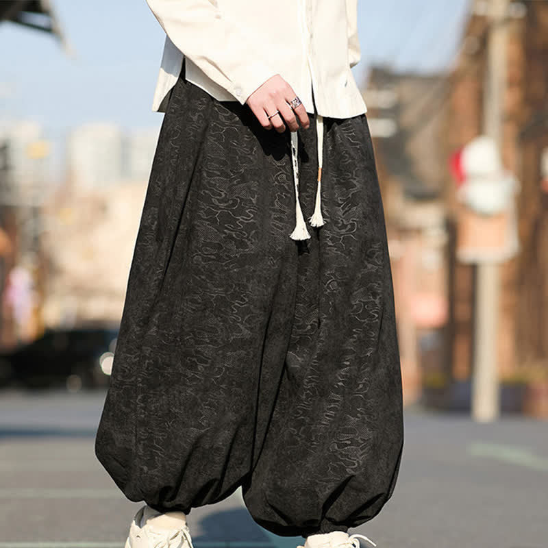 Buddha Stones Black Jacquard Drawstring Elastic Cuff Men's Harem Pants With Pockets  - image 3