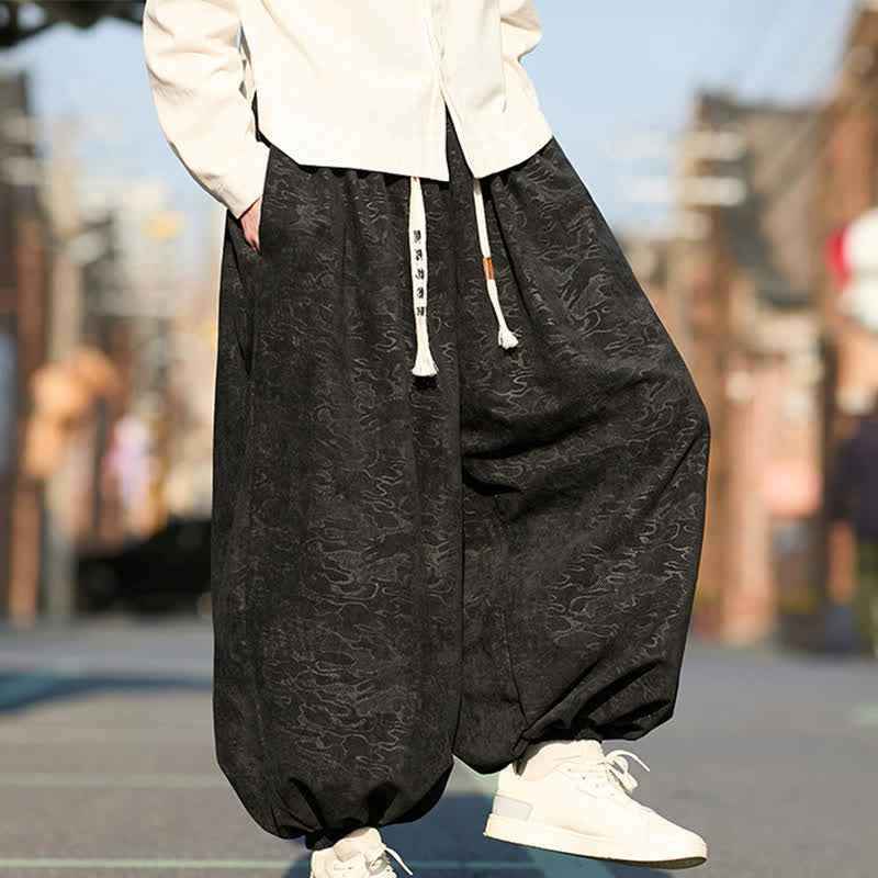 Buddha Stones Black Jacquard Drawstring Elastic Cuff Men's Harem Pants With Pockets  - image 7