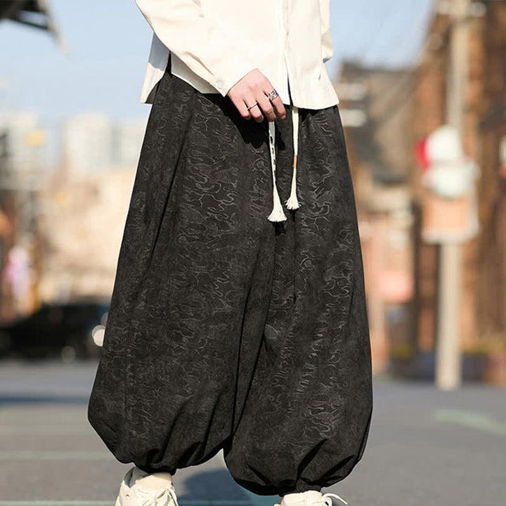 Buddha Stones Black Jacquard Drawstring Elastic Cuff Men's Harem Pants With Pockets  - image 3