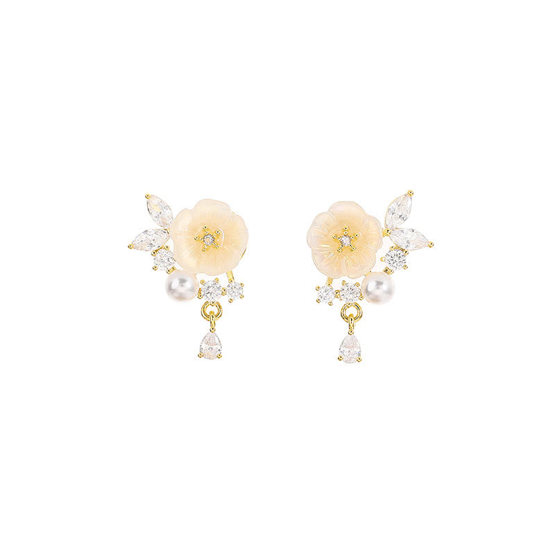 Buddha Stones White Rose Flower Zircon Copper Luck Clip-on Stud Earrings - image 5