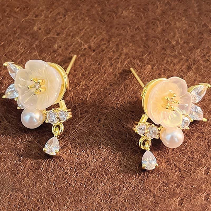 Buddha Stones White Rose Flower Zircon Copper Luck Clip-on Stud Earrings - image 1