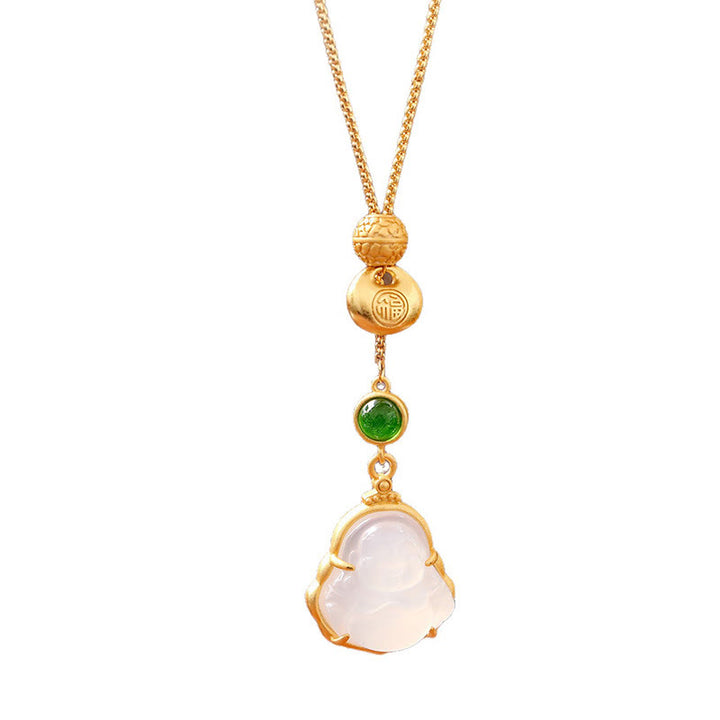 Buddha Stones Fu Character Laughing Buddha Chalcedony Copper Fortune Necklace Pendant - image 4
