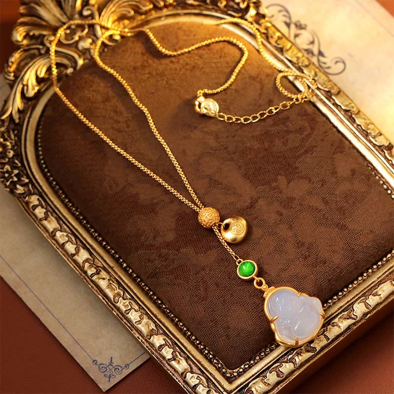 Buddha Stones Fu Character Laughing Buddha Chalcedony Copper Fortune Necklace Pendant - image 3