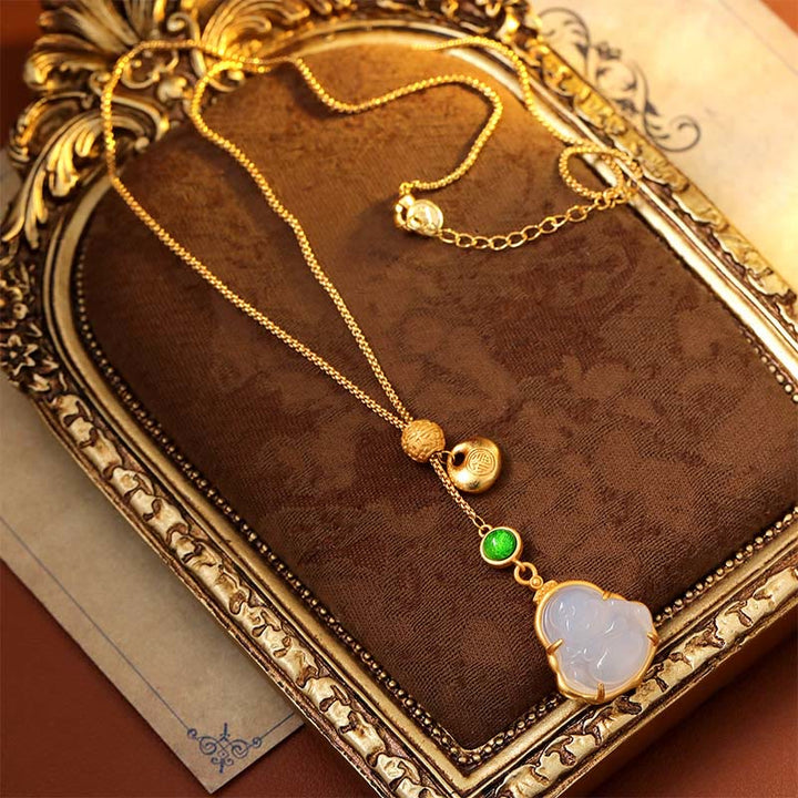 Buddha Stones Fu Character Laughing Buddha Chalcedony Copper Fortune Necklace Pendant - image 3
