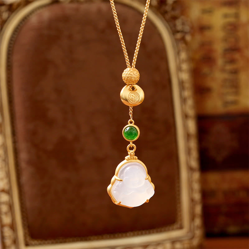 Buddha Stones Fu Character Laughing Buddha Chalcedony Copper Fortune Necklace Pendant - image 2