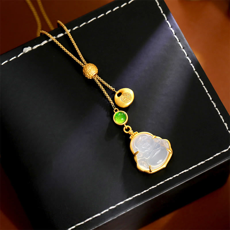 Buddha Stones Fu Character Laughing Buddha Chalcedony Copper Fortune Necklace Pendant - image 1