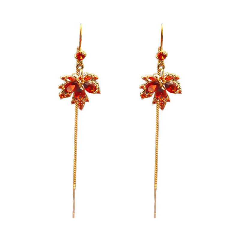 Buddha Stones Maple Leaf Red Zircon Copper Luck Drop Dangle Earrings - image 5
