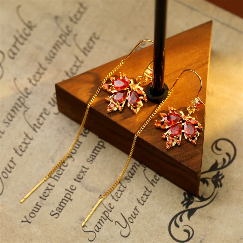 Buddha Stones Maple Leaf Red Zircon Copper Luck Drop Dangle Earrings - image 2