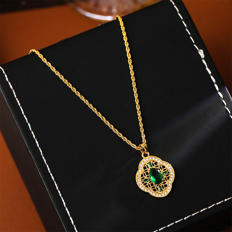 Buddha Stones Four Leaf Clover Hollow Design Copper Plated Gold Chain Luck Necklace Pendant - image 2
