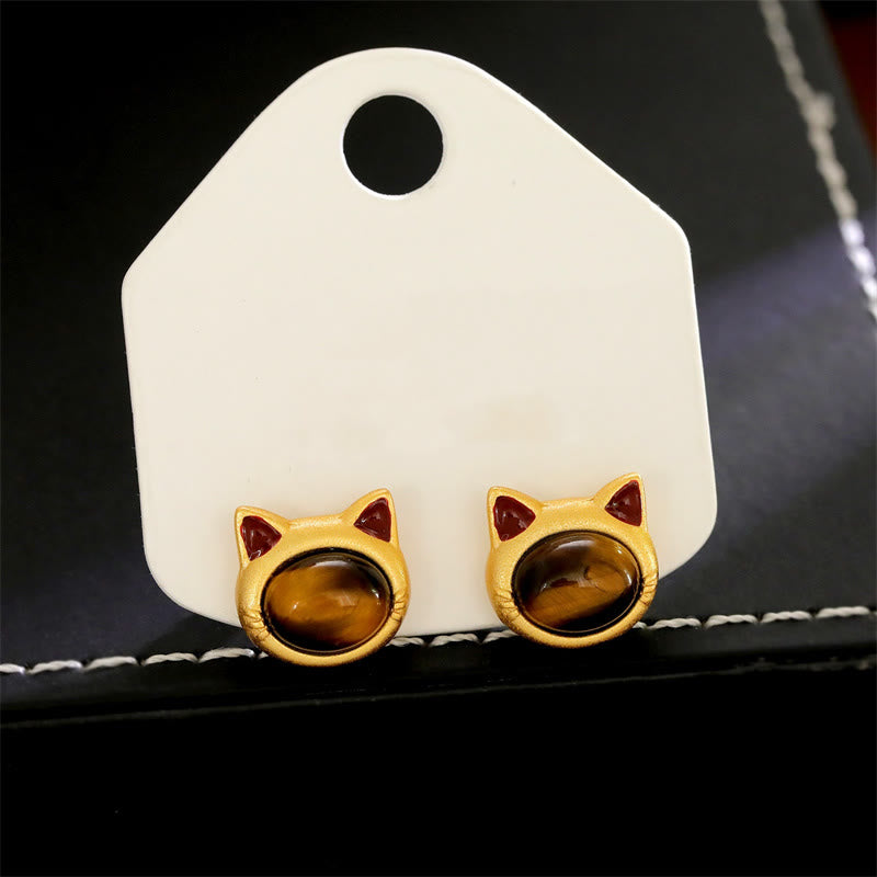 Buddha Stones Turquoise Tiger Eye Cat Head Design Copper Protection Stud Earrings - image 7