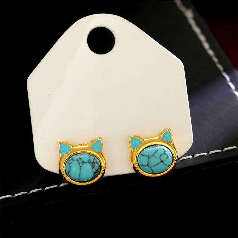 Buddha Stones Turquoise Tiger Eye Cat Head Design Copper Protection Stud Earrings - image 3