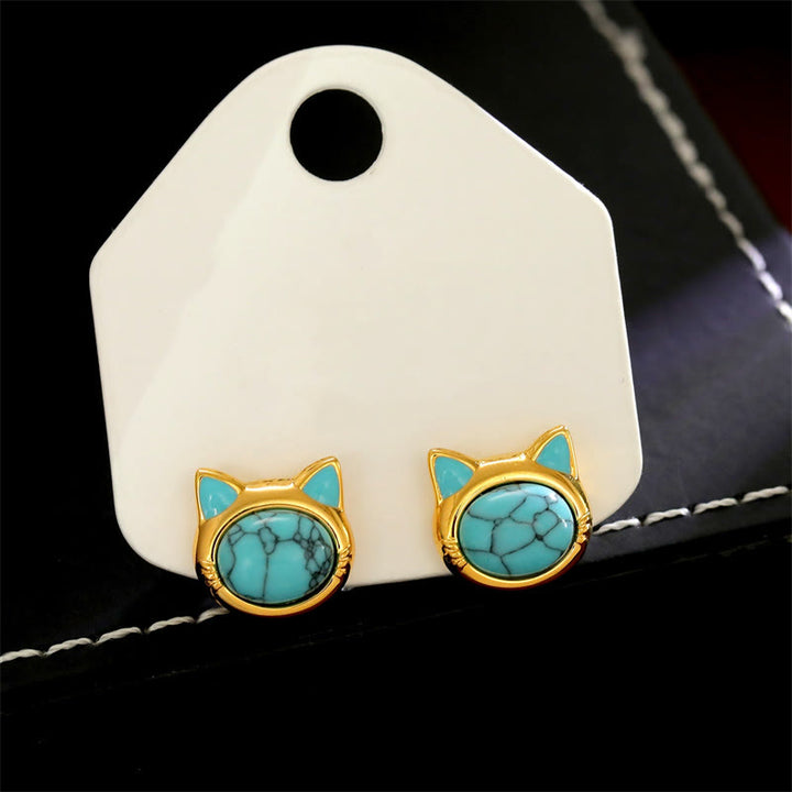 Buddha Stones Turquoise Tiger Eye Cat Head Design Copper Protection Stud Earrings - image 3