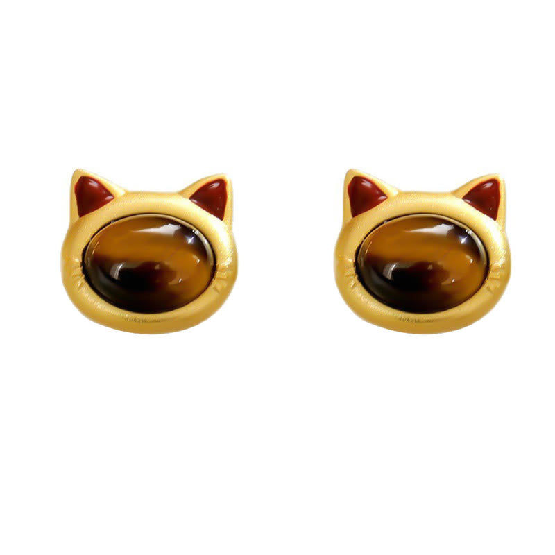 Buddha Stones Turquoise Tiger Eye Cat Head Design Copper Protection Stud Earrings - image 8