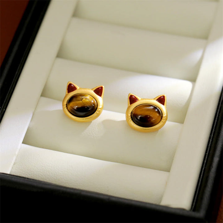 Buddha Stones Turquoise Tiger Eye Cat Head Design Copper Protection Stud Earrings - Tiger Eye(925 Sterling Silver Posts) - image 6