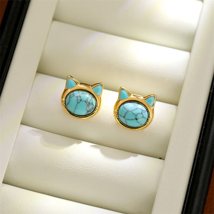 Buddha Stones Turquoise Tiger Eye Cat Head Design Copper Protection Stud Earrings - image 2