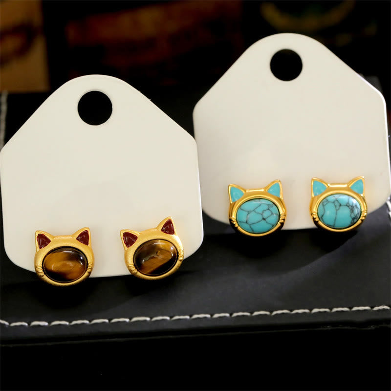 Buddha Stones Turquoise Tiger Eye Cat Head Design Copper Protection Stud Earrings - image 10