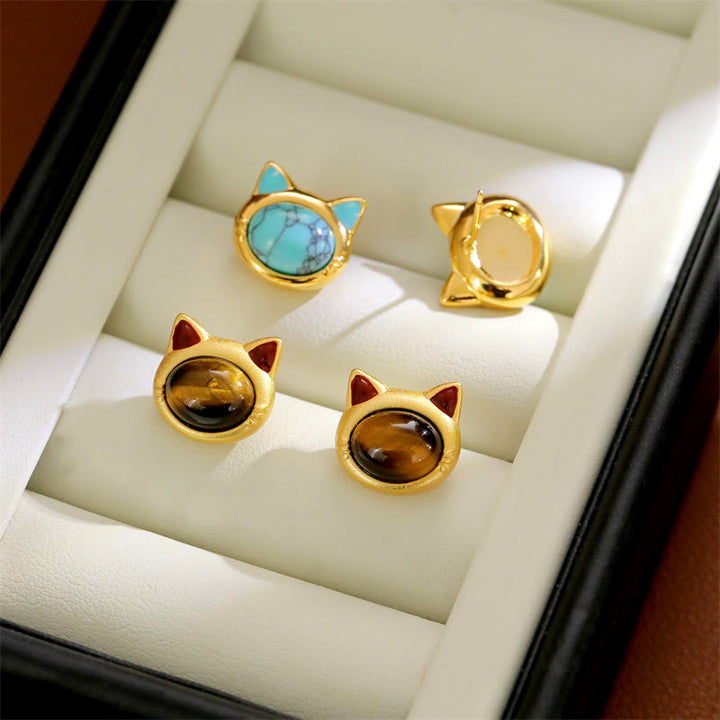 Buddha Stones Turquoise Tiger Eye Cat Head Design Copper Protection Stud Earrings - image 11