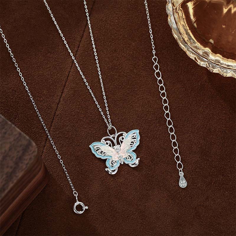 Buddha Stones 999 Sterling Silver Butterfly Blue Enamel Protection Necklace Pendant - image 1