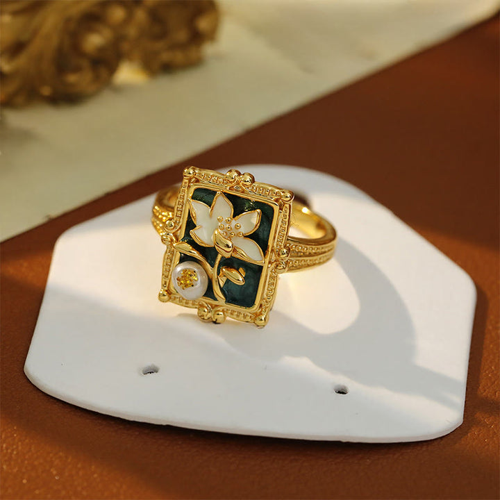 Buddha Stones Vintage Oil Painting Lotus Flower Pearl Copper Wealth Ring - image 4