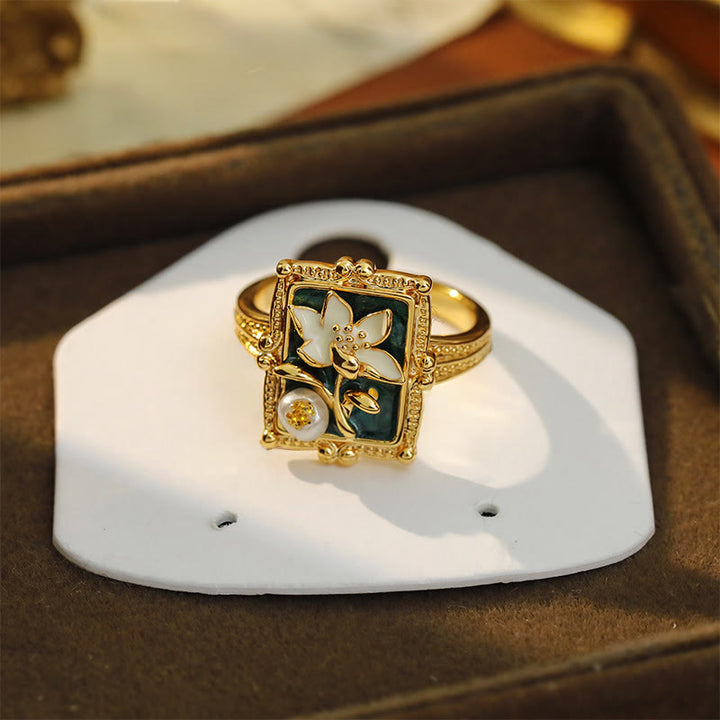 Buddha Stones Vintage Oil Painting Lotus Flower Pearl Copper Wealth Ring - image 5